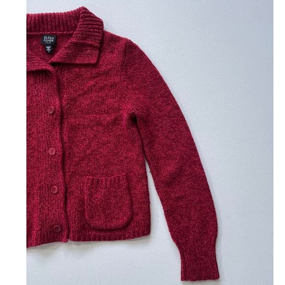 Eileen Fisher Red Wool Knit Cardigan Sweater Sz PS Collared Petite Minimal - Picture 4 of 8